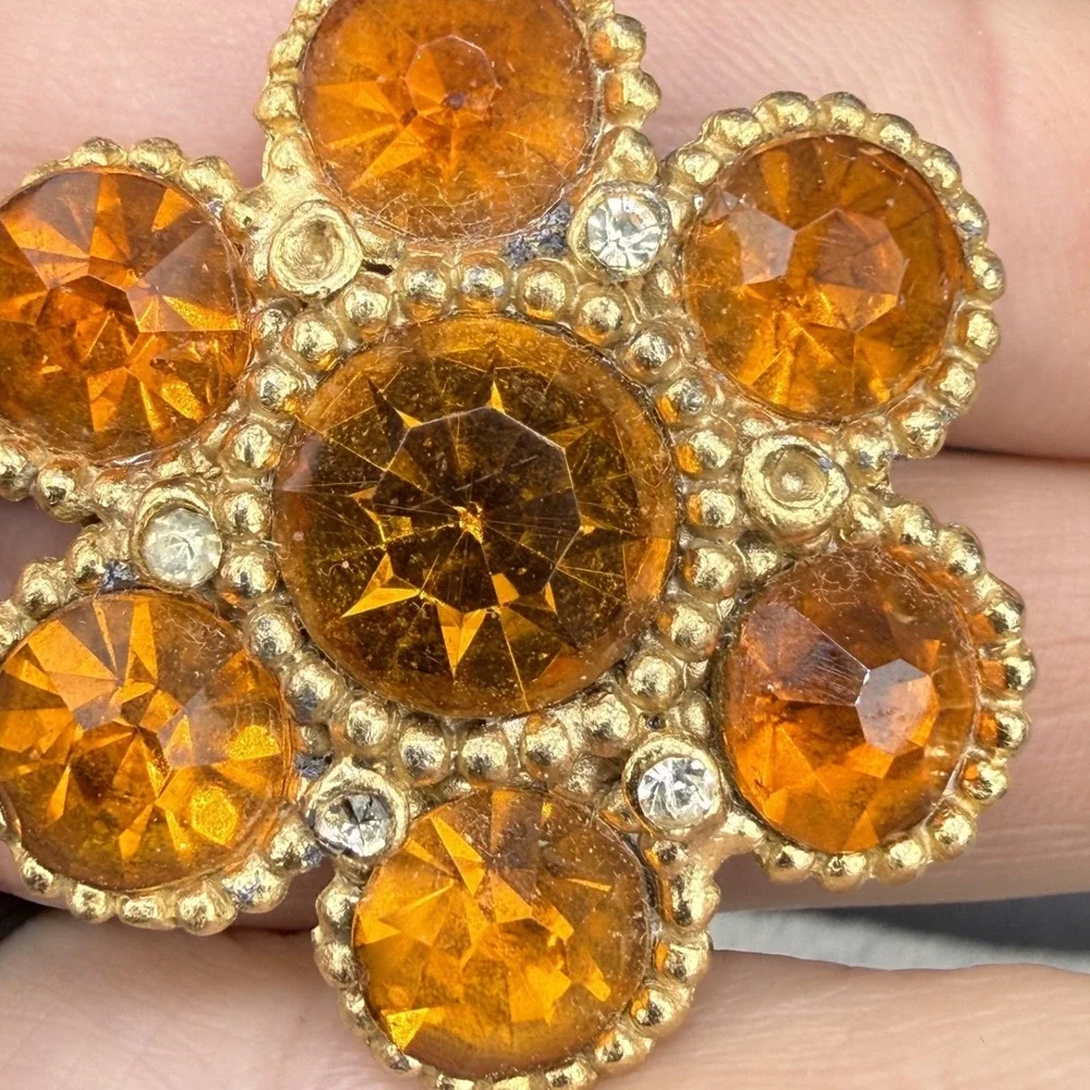 Vintage Estate Brooch Gold Orange Rhinestone Flower Floral Pin